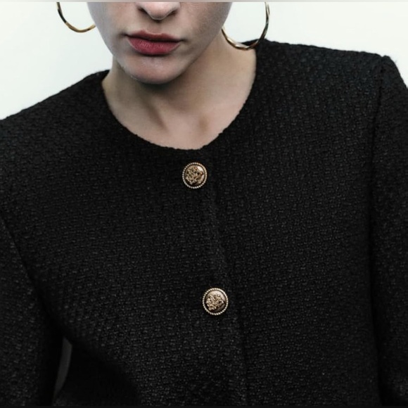 Cropped Crew Neck Casual Tweed Blazer Elegant Slim Jacket with Fake Pocket7 - Picture 5 of 6